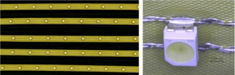 Textile circuit arrangement with electronic components and typical solder connection displayed in detail
